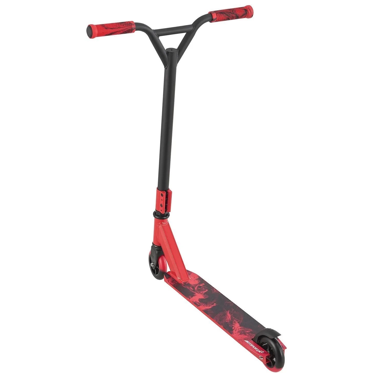 ArtSport Stuntscooter Red Smoke. Roter Stunt-Roller mit schwarzem Lenker, roten Griffen und gemustertem Deck.