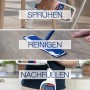 Bona Parkettreiniger Spray 1l in Anwendung: Sprühen, Reinigen, Nachfüllen.
