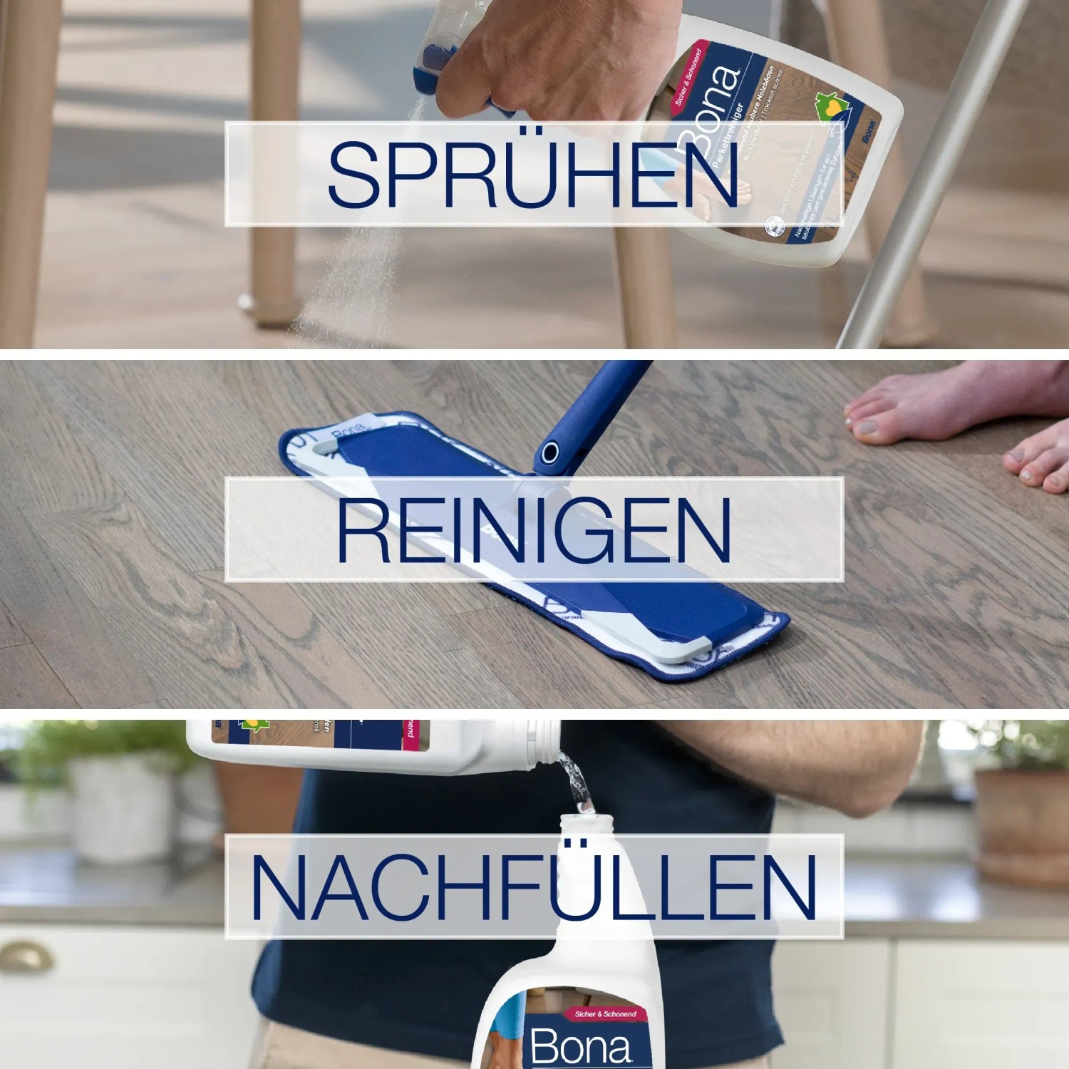 Bona Parkettreiniger Spray 1l in Anwendung: Sprühen, Reinigen, Nachfüllen.
