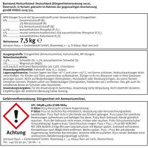 Blau gefärbte Verpackung des Blaukorn Düngers 5 kg mit Herstellerinformationen.