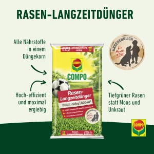 Compo Rasen-Langzeitdünger, 20 kg Sack für dichten, grünen Rasen ohne Unkraut.