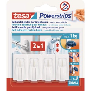 tesa Powerstrips Vario Gardinenhaken, weiß, selbstklebend, für Gardinenstangen bis 1 kg.