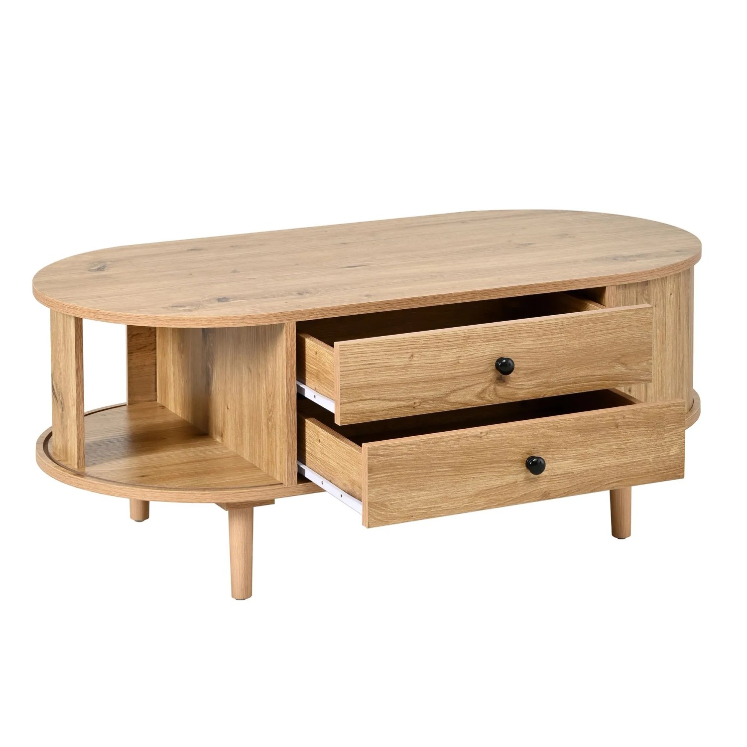 ModernLuxe Ovaler Couchtisch mit Schiebetüren 2 Schubladen MDF Natur