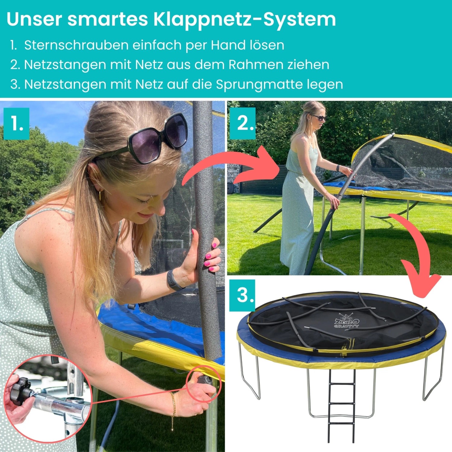 Zero Gravity Gartentrampolin 244cm: Smartes Klappnetz-System im Detail.