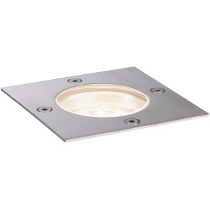 Eckige Paulmann Plug & Shine Bodeneinbauleuchte aus Edelstahl mit warmweißem Licht.