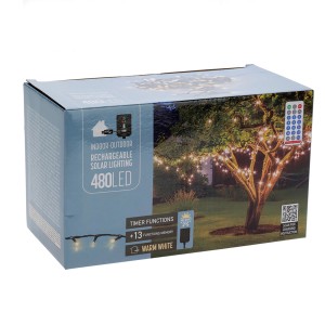 Verpackung einer Solar Lichterkette mit 480 LEDs für Innen und Außen mit Timer und Fernbedienung.