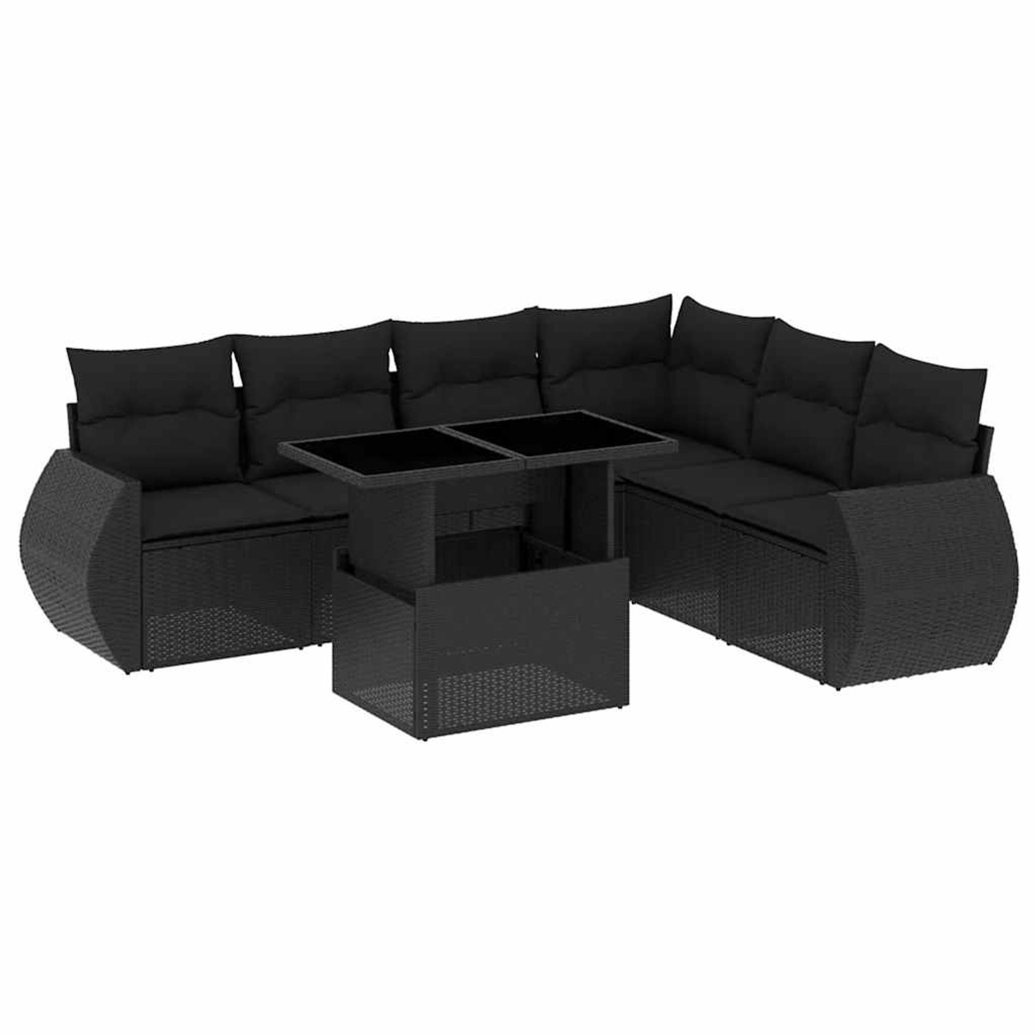 vidaXL 7-Tlg Garten-Sofagarnitur mit Kissen Schwarz Poly Rattan 3268555