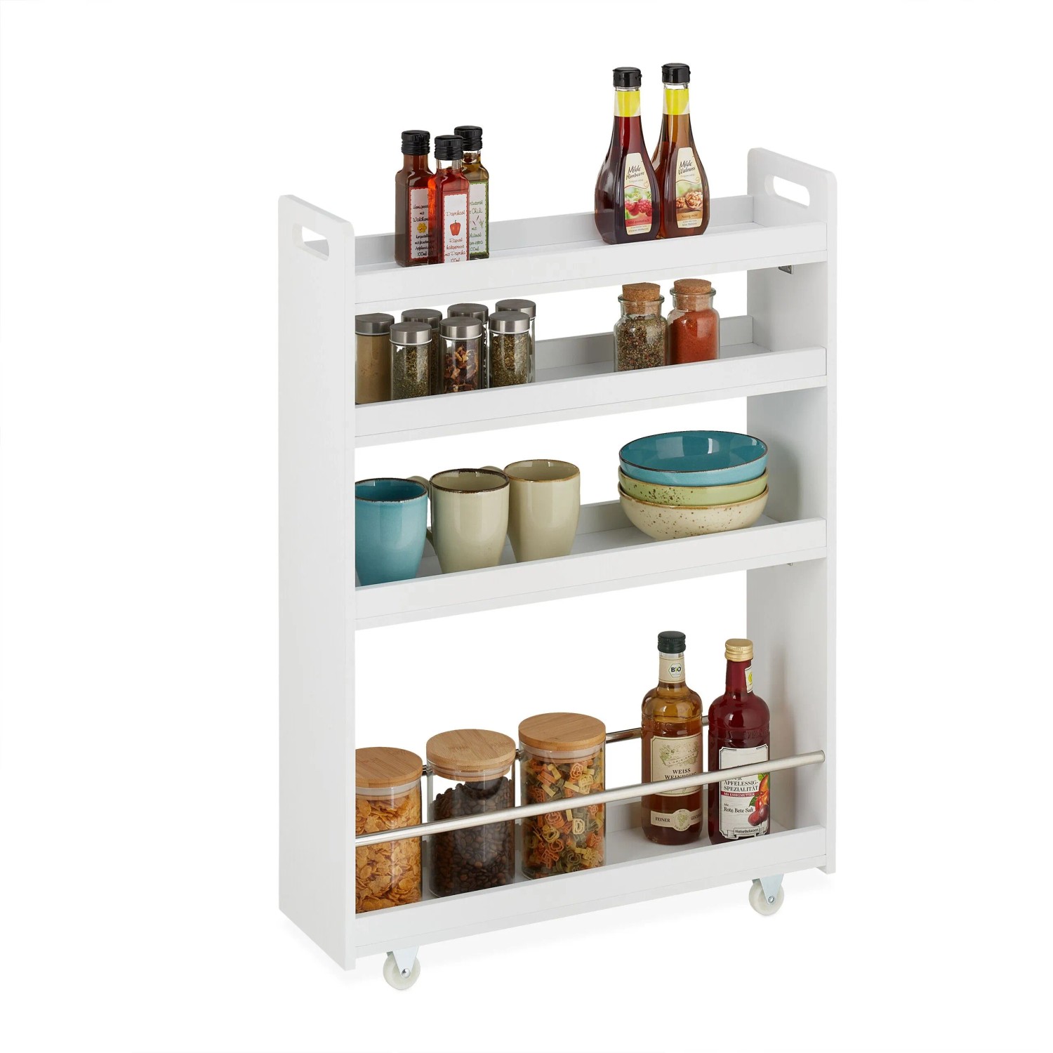 Relaxdays Nischenwagen MDF Edelstahl Weiß mit Rollen 4 Ablagen 83,5 cm x 18 cm x 59,5 cm 7,9 kg