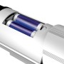 Basi Kamera-Attrappe KA 300, silber, mit Batterien im geöffneten Batteriefach.