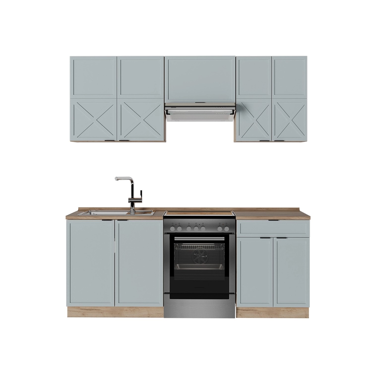 Vicco Fame-Line Küchenzeile Hellblau-grau/Goldkraft Eiche 200 cm AP Eiche günstig online kaufen