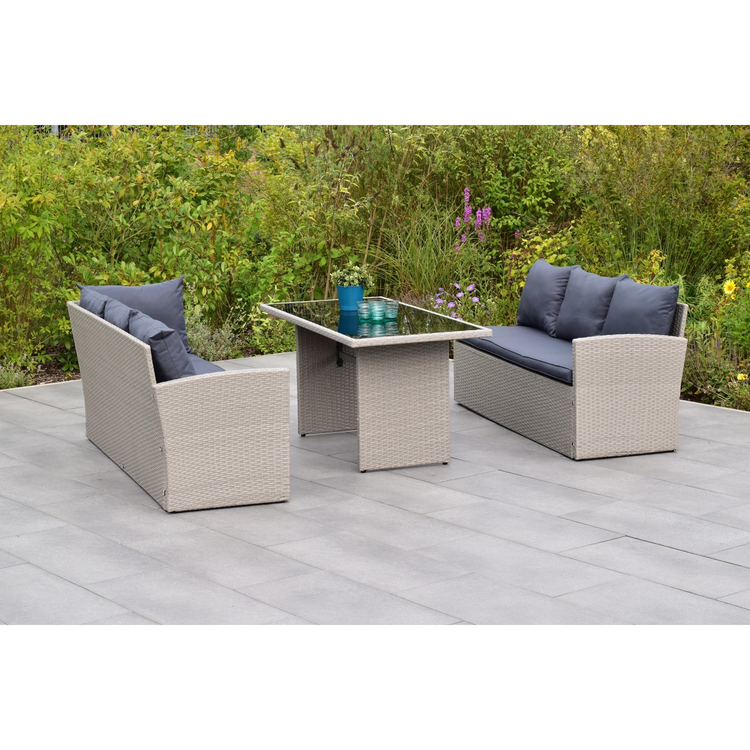 Merxx Lanzarote Eck-Set: Eckbank mit Tisch (145x70cm), grau, Kunststoffgeflecht, inkl. Kissen.