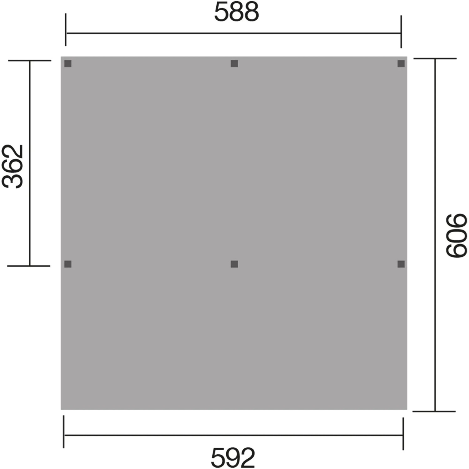 Skizze des Weka Doppelcarports Mugello (594x606 cm) mit Maßangaben.