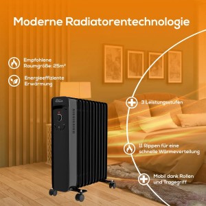Schwarzer TroniTechnik Ölradiator mit 11 Rippen und Rollen, geeignet für elektrische Heizgeräte.