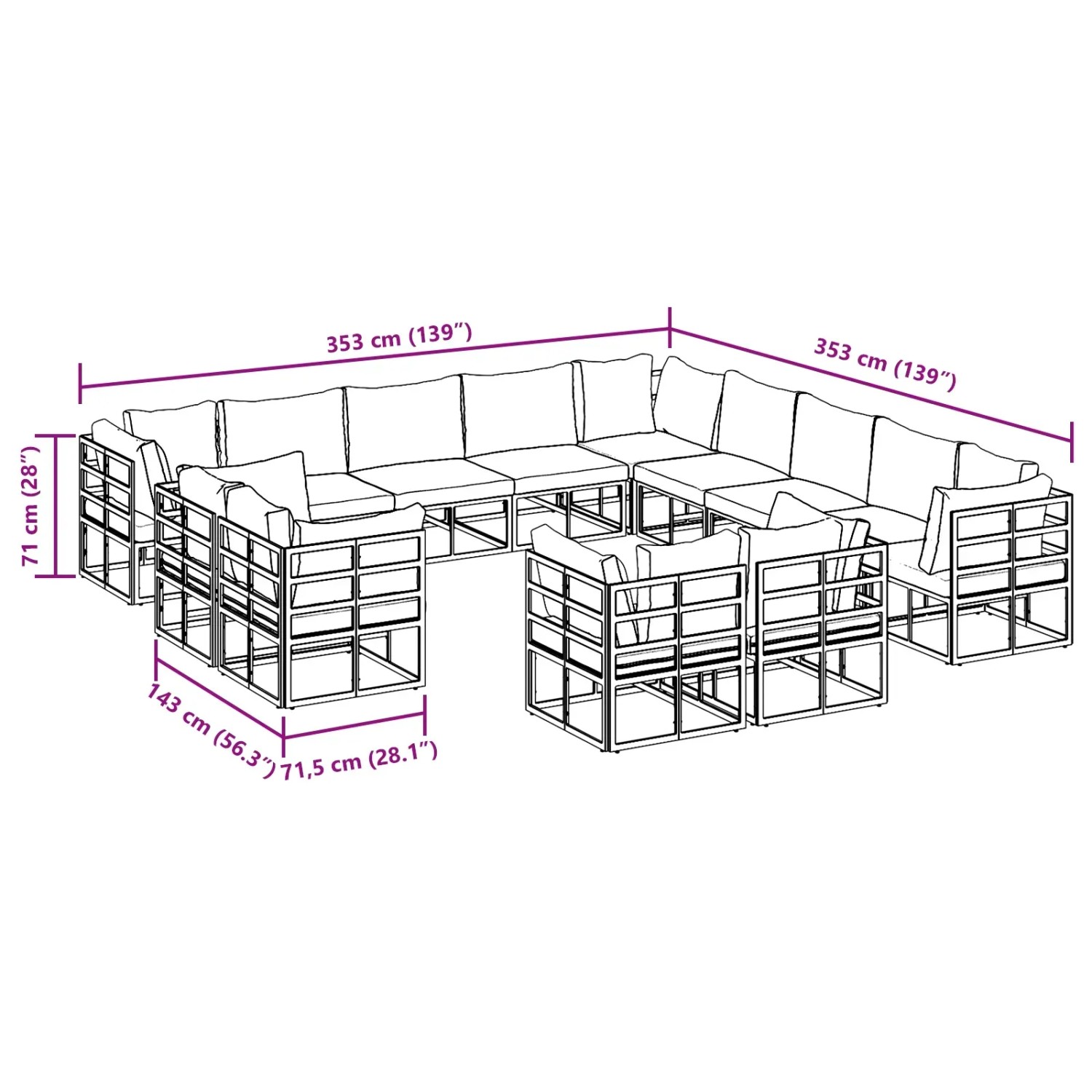 vidaXL Garten-Sofa-Set, 13-teilig, schwarz, Aluminium, modulare Bauweise, mit Maßen.
