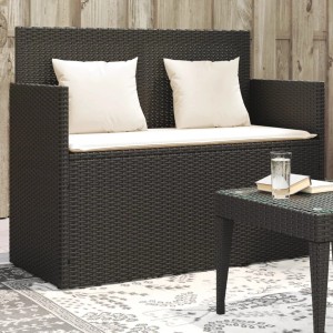 Schwarze furnicato Gartenbank aus Poly Rattan mit cremefarbenen Kissen.