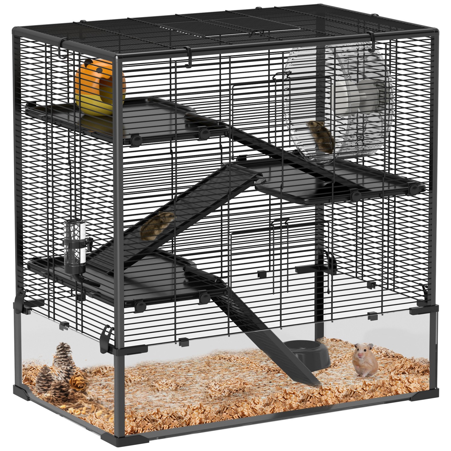 PawHut Zwerghamster-Käfig Stahl Gehärtetes Glas Schwarz 78,5L x 48,5B x 80H cm