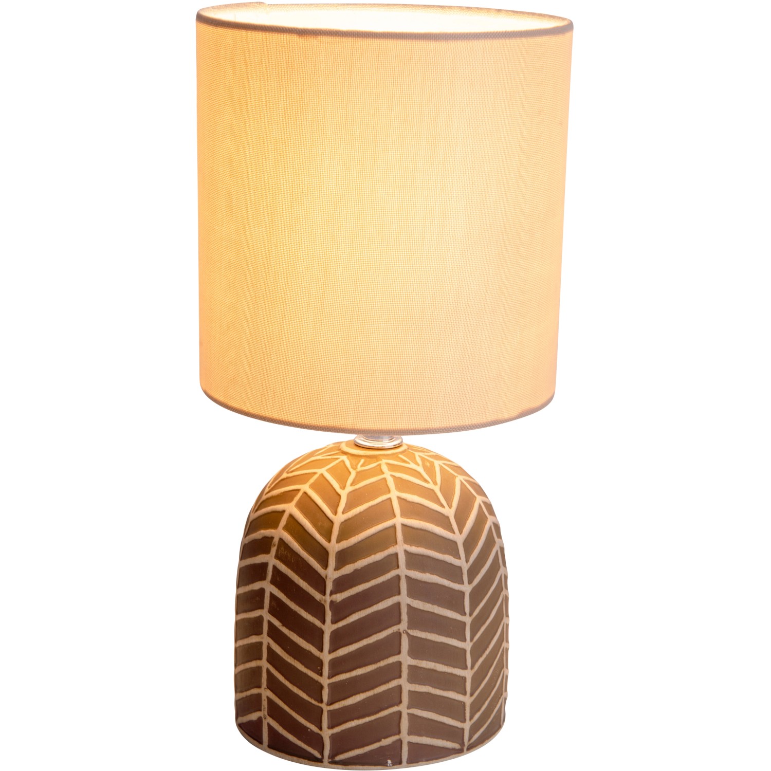 Näve Tischleuchte Folio, braune Keramik mit Muster und beigem Lampenschirm.