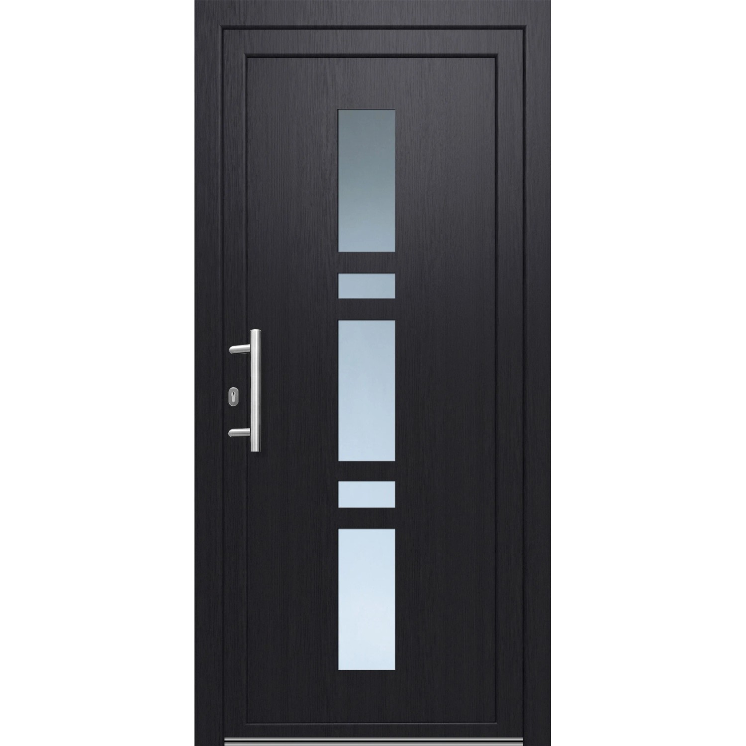 Anthrazitfarbene Kunststoff-Haustür mit Glaseinsatz, 110x210 cm, Anschlag links.