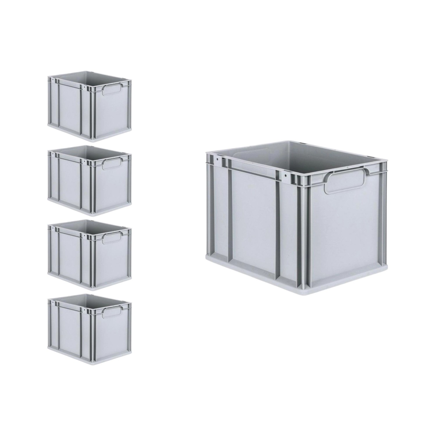 PROREGAL Spar Set: 5 graue Euroboxen mit Deckel und Schnappverschlüssen, 32x30x40 cm.