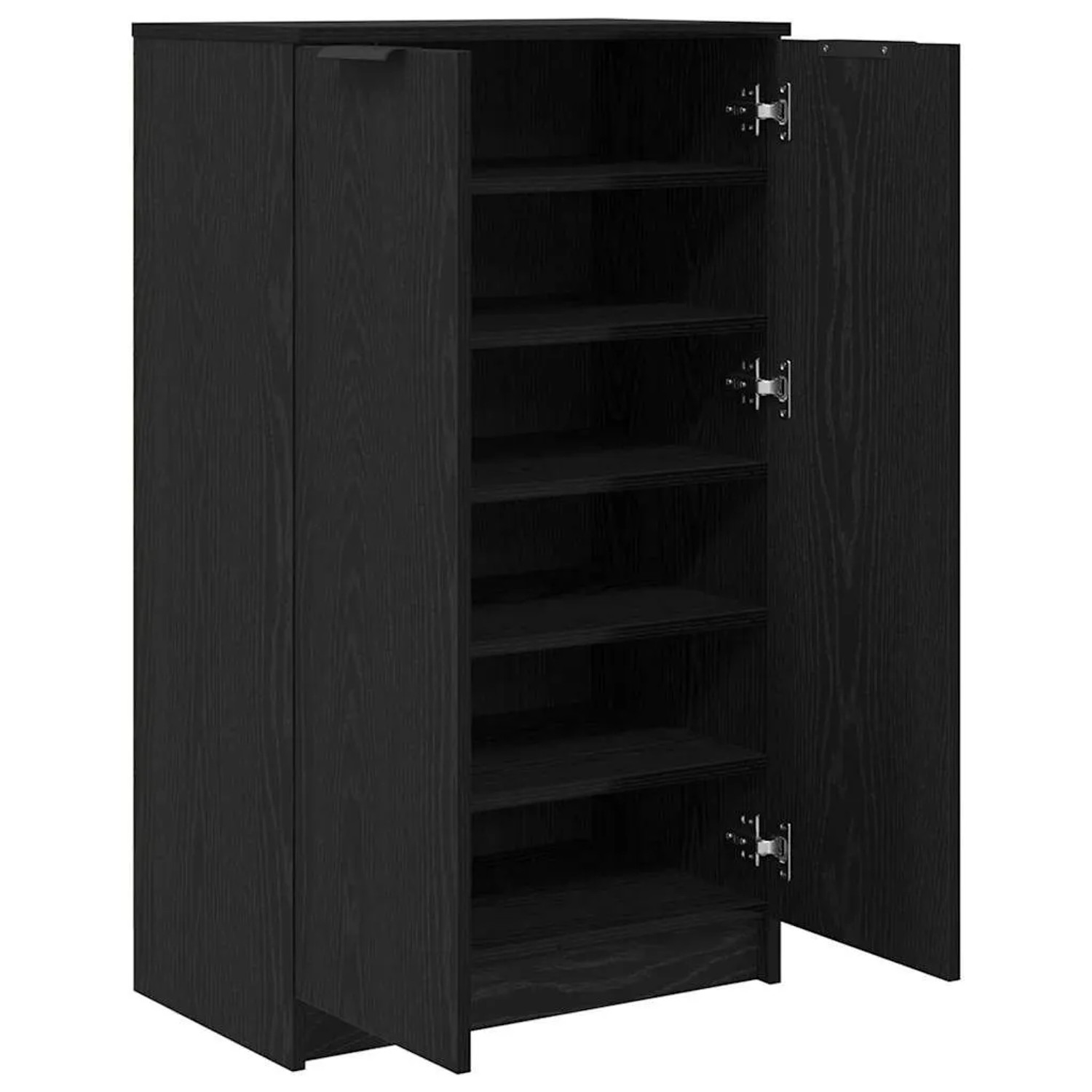 vidaXL Schuhschrank, schwarz Eichen-Optik, mit offenen Türen und Regalen.