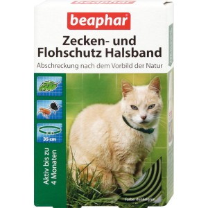 Beaphar Zecken- und Flohschutz Halsband für Katzen, 35cm, auf der Verpackung abgebildet.