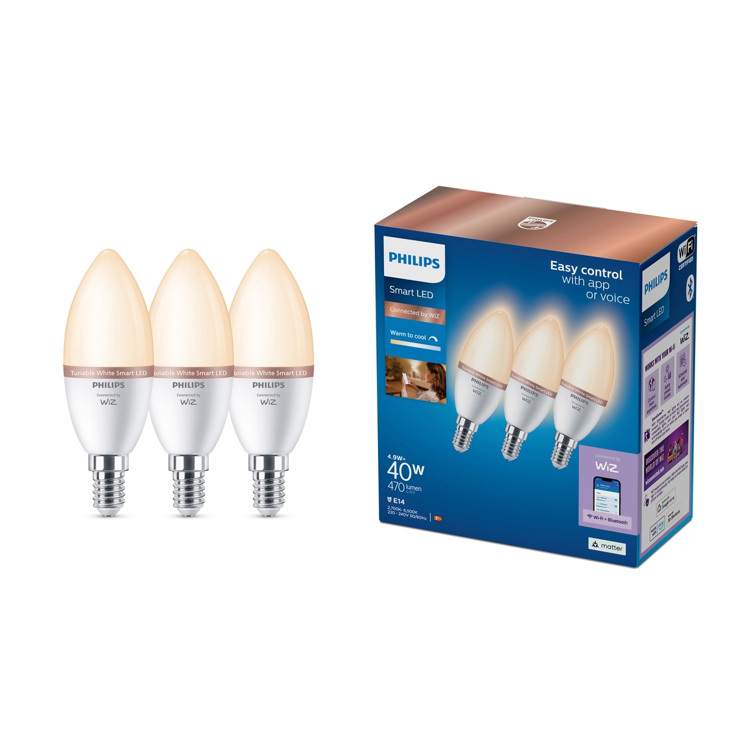 Philips WIZ Leuchtmittel E14 Kerzenform 2.700 K 470,m 5 W 3er Set