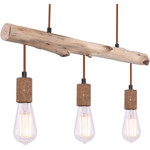 Rostfarbige Globo Pendelleuchte Jakob mit Holzbalken und drei E27 Fassungen.