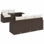 Braunes 6-teiliges vidaXL Garten-Sofa-Set aus Polyrattan mit Tisch und Auflagen.