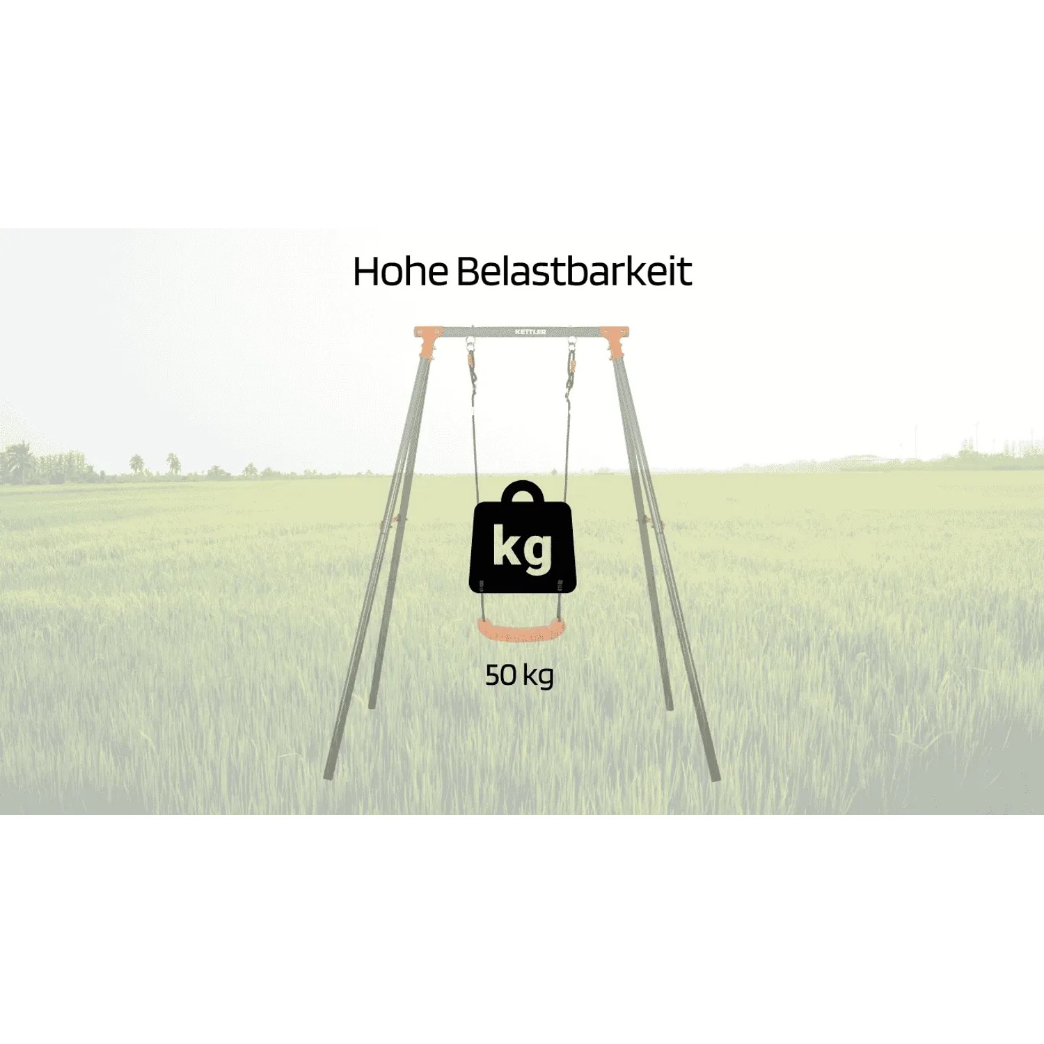 Kettler Einzelschaukel Single in Grau/Orange mit orangefarbenem Sitz. Zeigt 50 kg maximale Belastbarkeit.