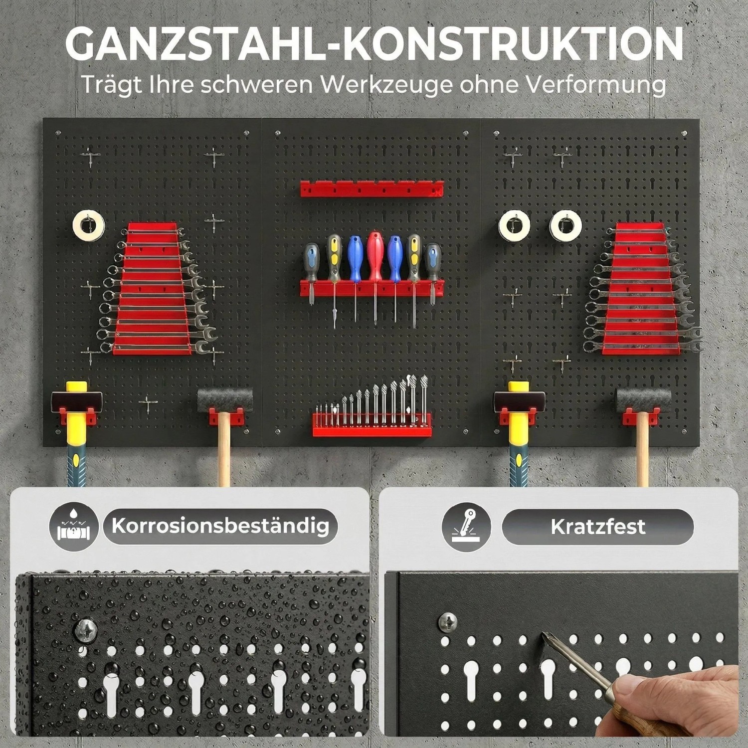 HOMCOM Stahl Lochwand, schwarz-rot, mit Werkzeugen. Robust, korrosions- & kratzfest für Werkstatt-Ordnung.