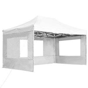 Weißes, faltbares Profi-Partyzelt 4,5x3m mit Wänden und Aluminiumrahmen.
