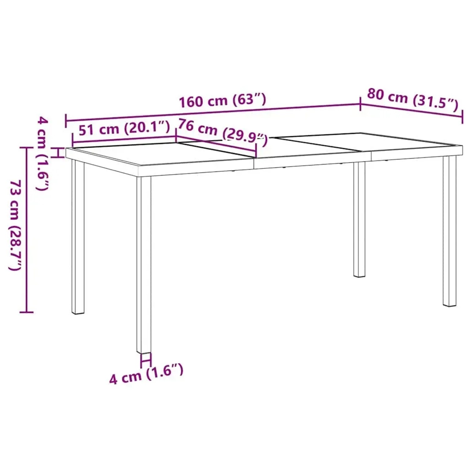 Skizze des vidaXL Garten Esstischs, Maße: 160x80x73 cm, Teil der 5-tlg. Essgruppe.
