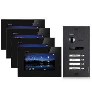 Balter EVO Video-Türsprechanlage für 4 Familien mit 4 Monitoren, Türstation in Schwarz.