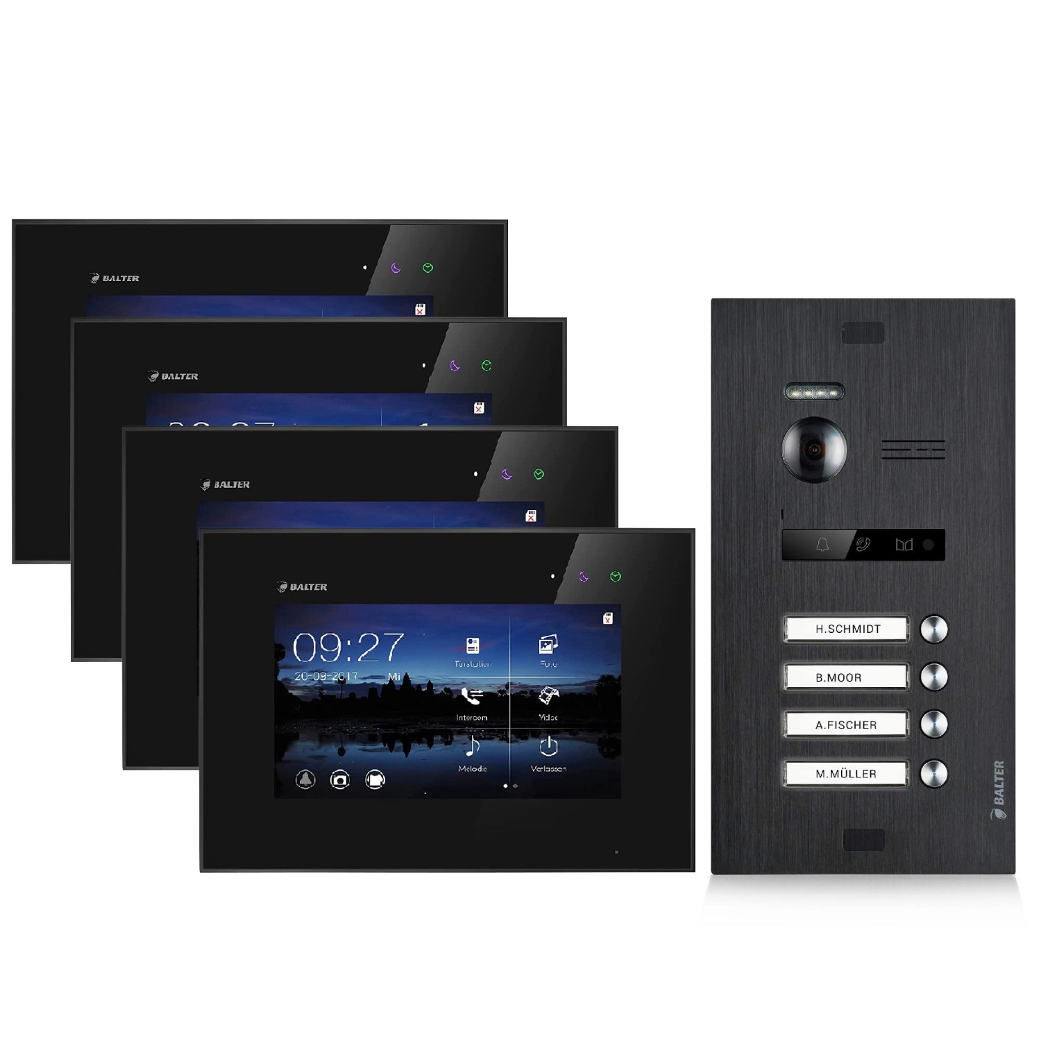 Balter EVO Video-Türsprechanlage für Vierfamilienhaus mit 4x 7 Zoll Monitor Schwarz