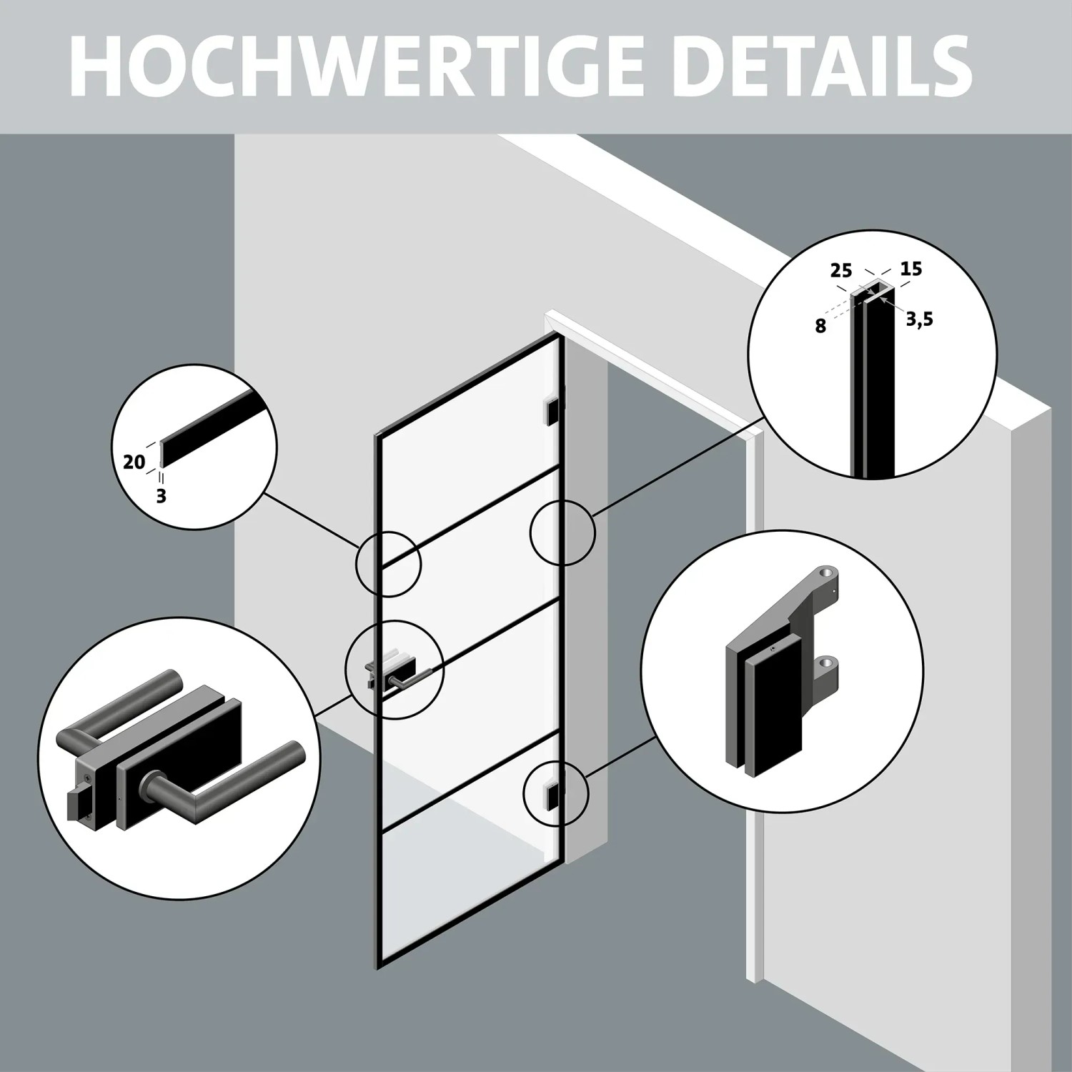 Detailansicht Skyscope Portal Drehtür-Set Slimwork Typ 9 Klarglas mit Beschlägen.