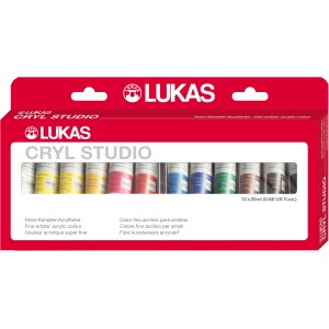 Lukas Cryl Studio Acrylfarben-Set mit 12 Tuben à 20 ml im Karton-Etui.