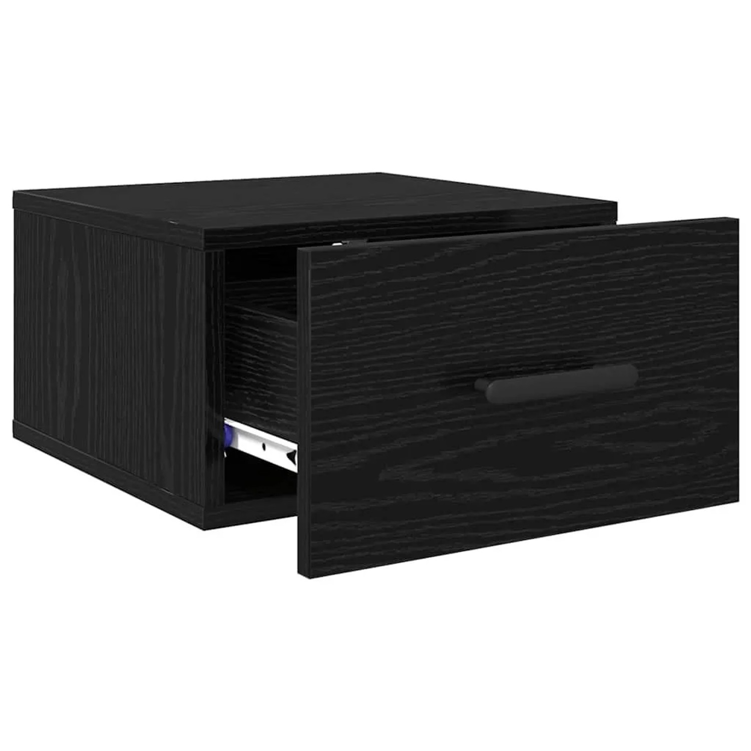 Moderner vidaXL Nachttisch in Schwarz Eichen-Optik, wandmontiert, mit offener Schublade und Stangengriff. Ideal für Schlafzimmer.