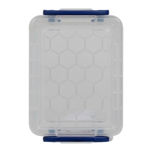 Transparente Clipbox 0,3 l mit blauem Verschluss für Kleinteile, stapelbar.