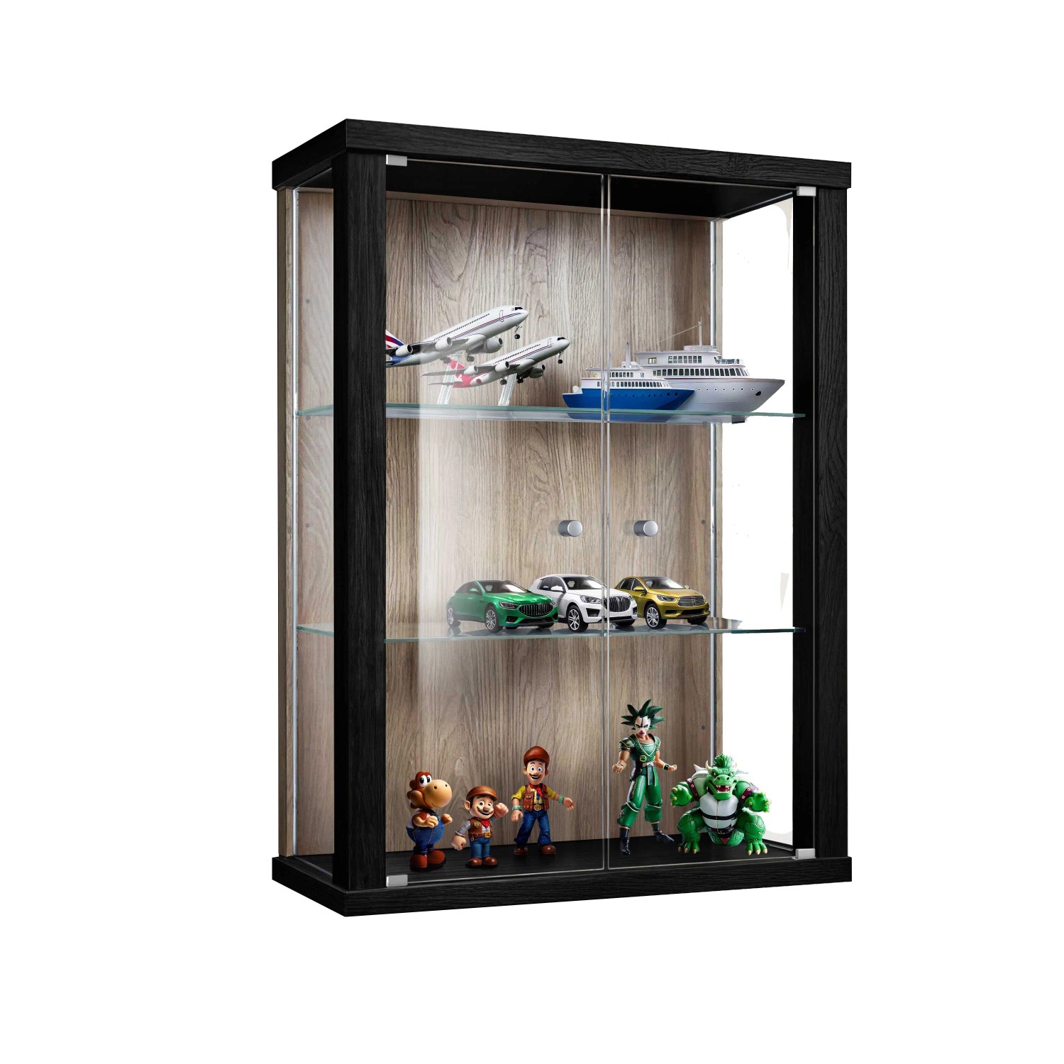 K-Möbel Hängevitrine Glas 80x60x25 cm Made in Germany mit 2 Höhenverstellbaren ESG Glasböden Schwarz & Sonoma Eiche