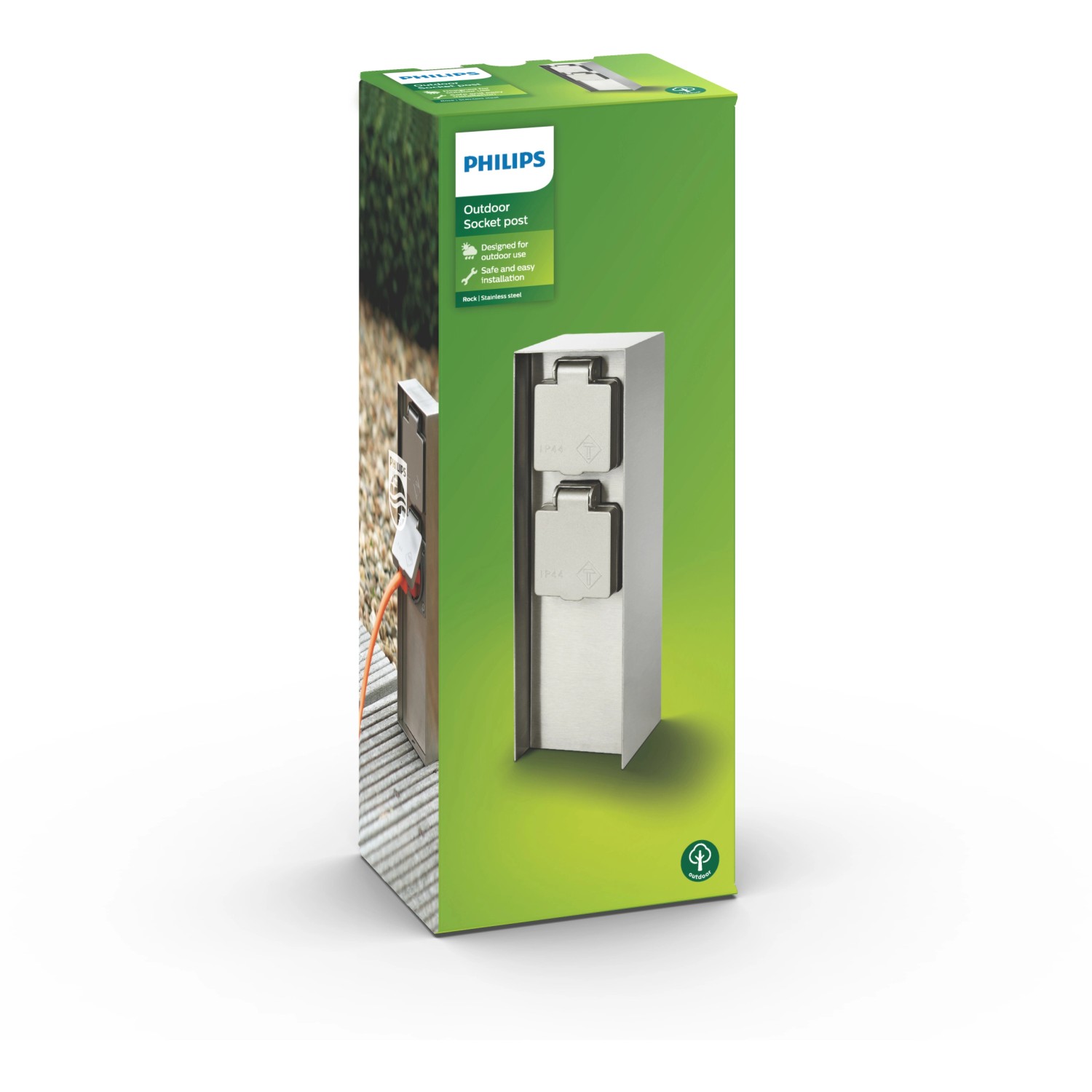 Philips Auckland Sockel-Doppelsteckdose aus Edelstahl für den Außenbereich, 23,2 cm hoch.