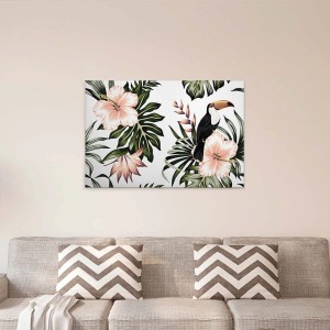 Bricoflor Leinwandbild mit Tukan und Hibiskus, modernes Wandbild für Wohnzimmer mit Palmen und Hawaii Blumen.