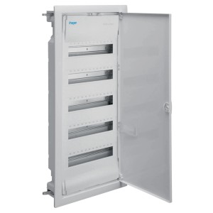 Hager Volta VH60NC Hohlwandverteiler, 5-reihig, reinweiß, mit geöffneter Tür.