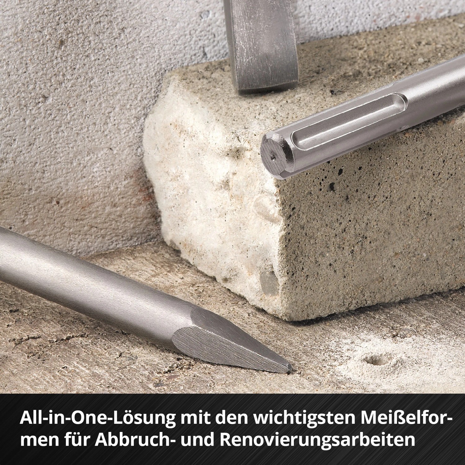 Einhell Meißel-Set SDS Max, 3-teilig: Spitz-, Flach- und Spatmeißel für Abbrucharbeiten.