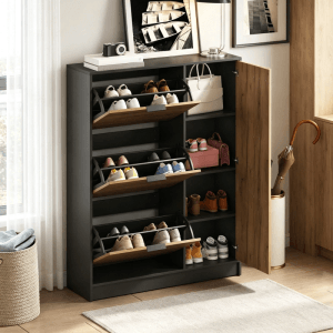 Merax Schuhschrank 100x30x130 cm in Natur Schwarz. Schmaler Flurschrank mit 3 Klappen und Seitenfach für Schuhe.