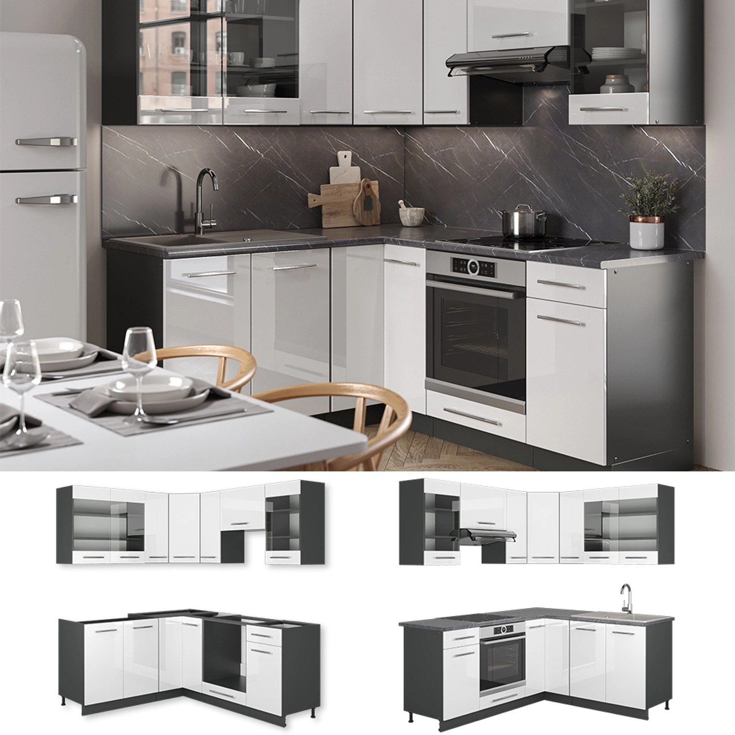 Vicco Fame-Line Küchenschränke in Weiß Hochglanz/Anthrazit, L-Form ohne Arbeitsplatte.