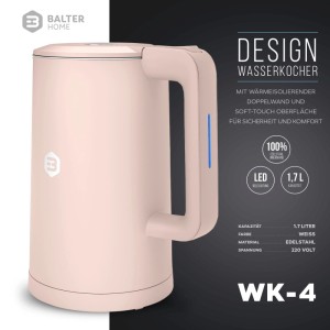 Balter WK-4 Wasserkocher, pink, 1,7L, doppelwandiger Edelstahl, Soft-Touch, LED. Modernes Design.
