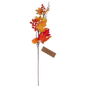 Künstlicher Herbstzweig mit Blättern in Rot, Orange, Gelb, roten Beeren und kleinen Kürbissen für herbstliche Dekoration.