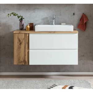 Held Möbel Waschtisch Ancona, 105 cm, Weiß/Wotaneiche mit Becken rechts. Badmöbel-Set mit Schubladen.