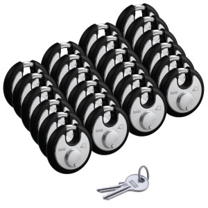 Set aus 24 Basi Rundbügel-Vorhangschlössern, 70mm, schwarz, gleichschließend, mit Edelstahlgehäuse und Schlüssel.