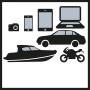 Einhell Power Bank CE-JS 12: Symbole für Kamera, Handy, Tablet, Laptop, Auto, Boot und Motorrad.